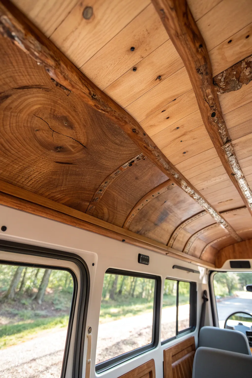Embrace the forest within: Live edge wood ceiling transforms your campervan into a nature-inspired haven.