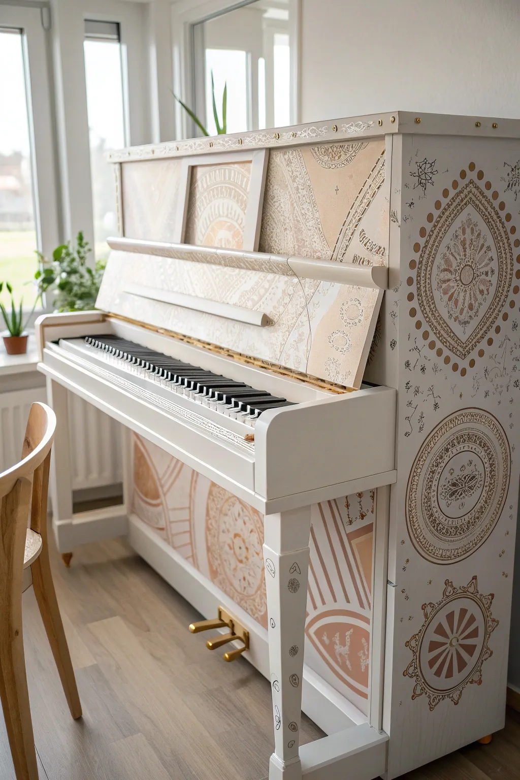 Transform your piano into a masterpiece with stenciled elegance, where Scandinavian simplicity meets boho charm.