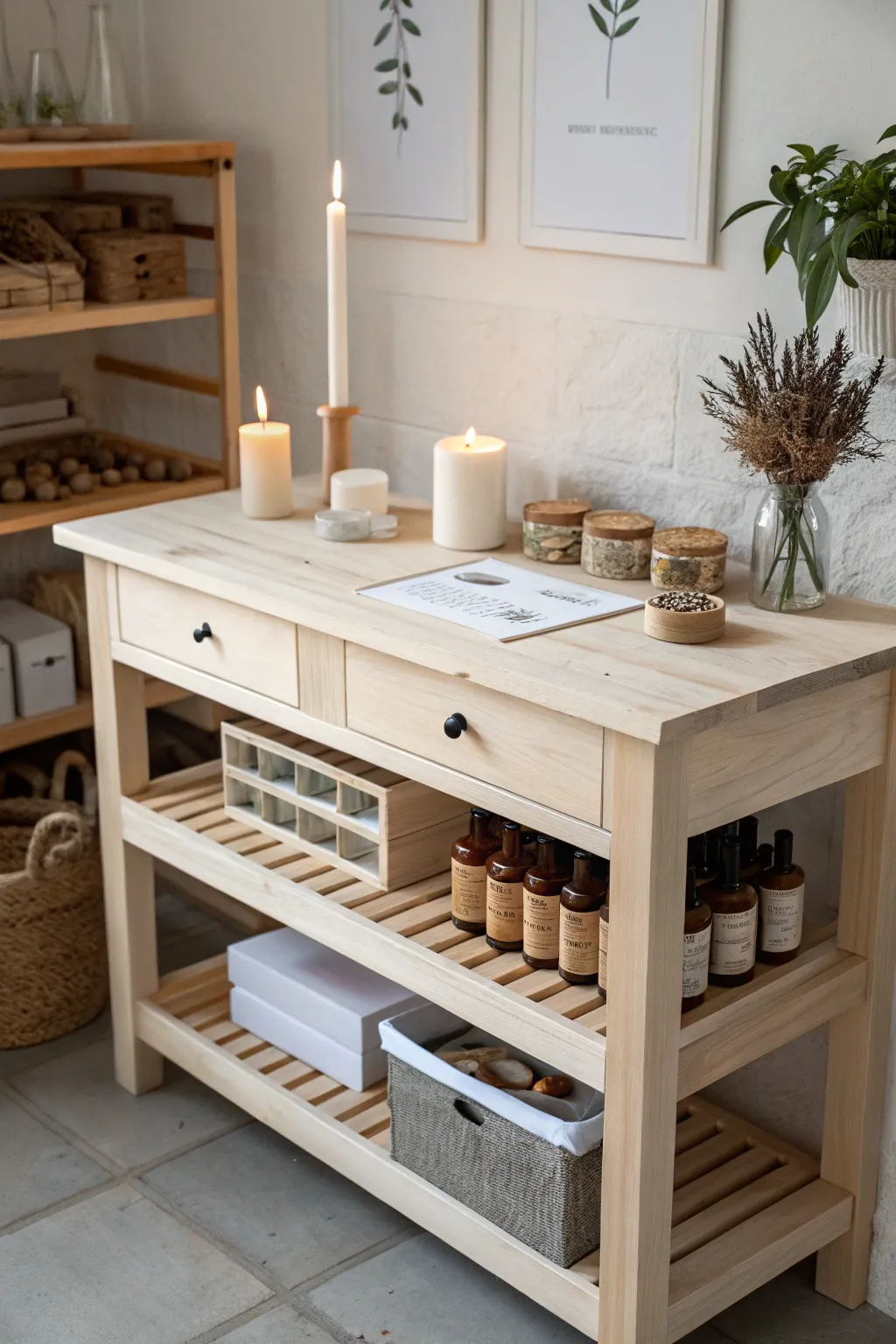 Embrace simplicity and functionality with a dual-purpose workbench that elegantly combines storage and creativity in your candle-making studio.
