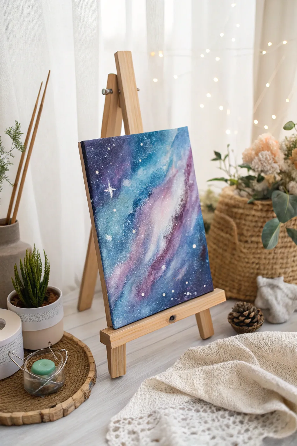 Dive into the cosmos with this enchanting galaxy painting, a perfect blend of minimalist beauty and boho charm.