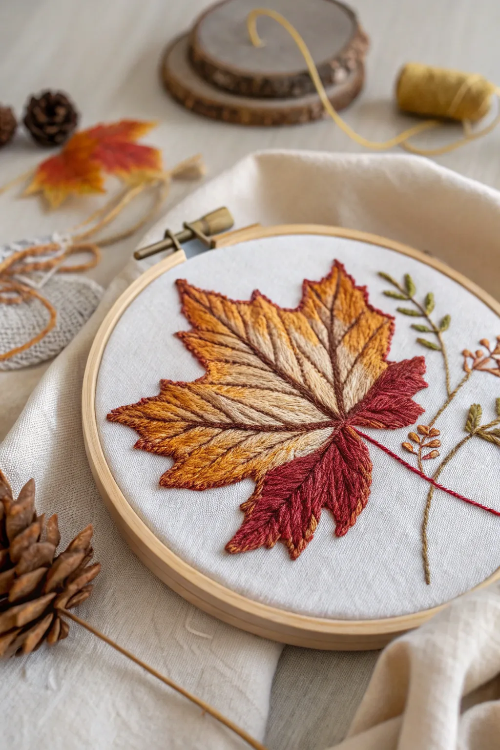 Embrace the beauty of fall with this exquisite autumn leaf embroidery, a perfect blend of Scandinavian minimalism and Boho charm.