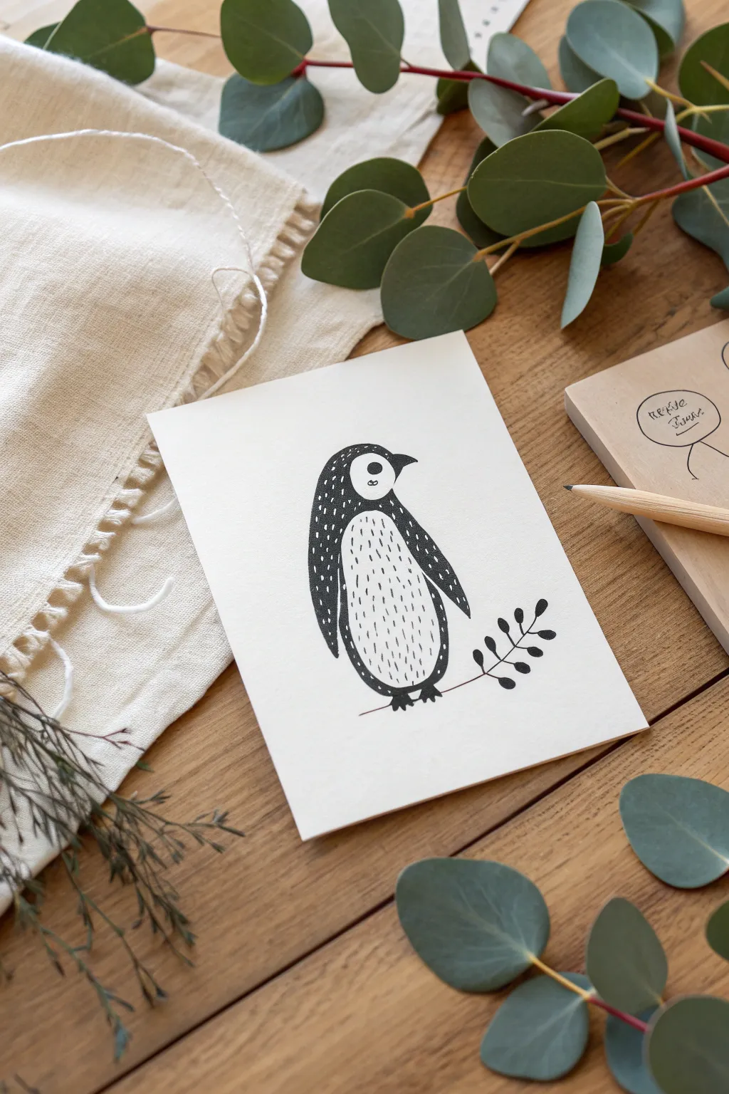 Embrace the whimsy of wildlife with a hand-drawn penguin card, perfect for adding a playful touch to any occasion.