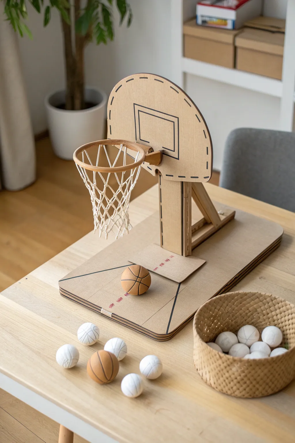 Aim, shoot, score! Discover the joy of this charming cardboard ping pong basketball game.