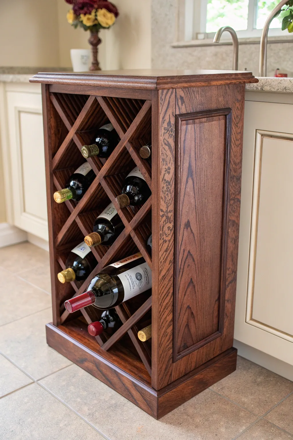 Elevate your kitchen style with this handcrafted compact wine rack, a perfect blend of utility and elegance.