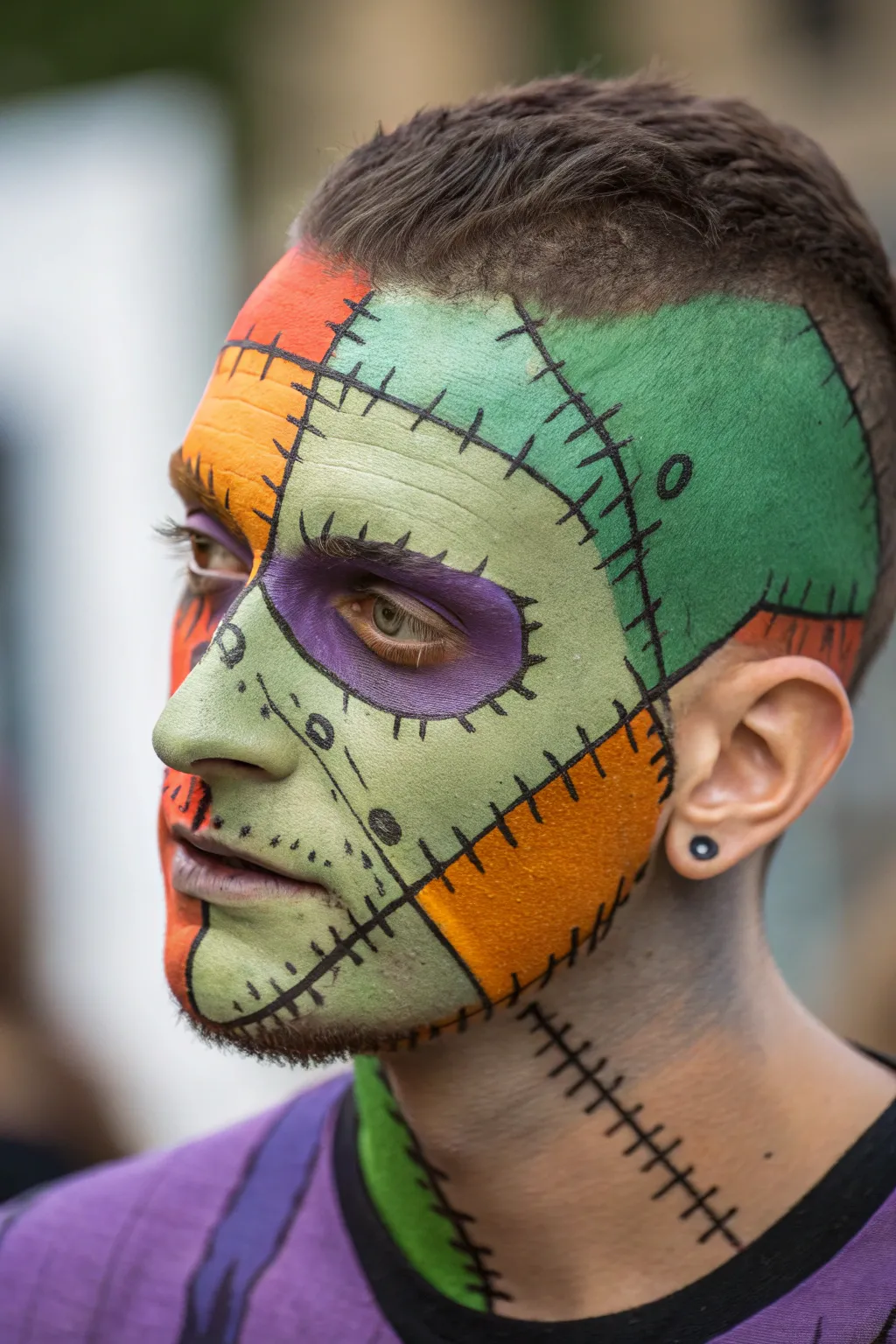Unleash your creative side with this Patchwork Zombie face paint idea, where bold colors and intricate details come to life.