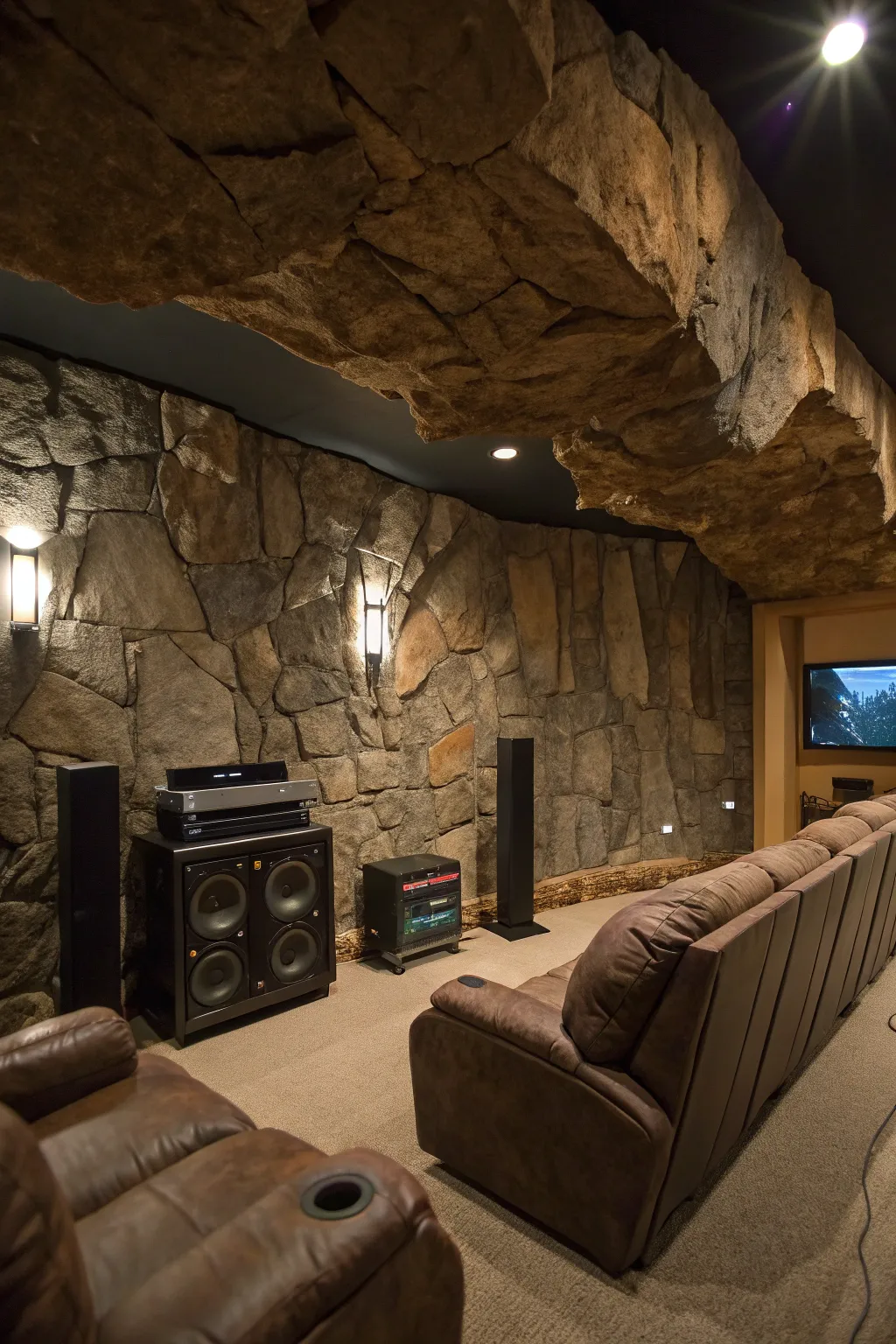 Faux rock panels bring drama and intimacy.