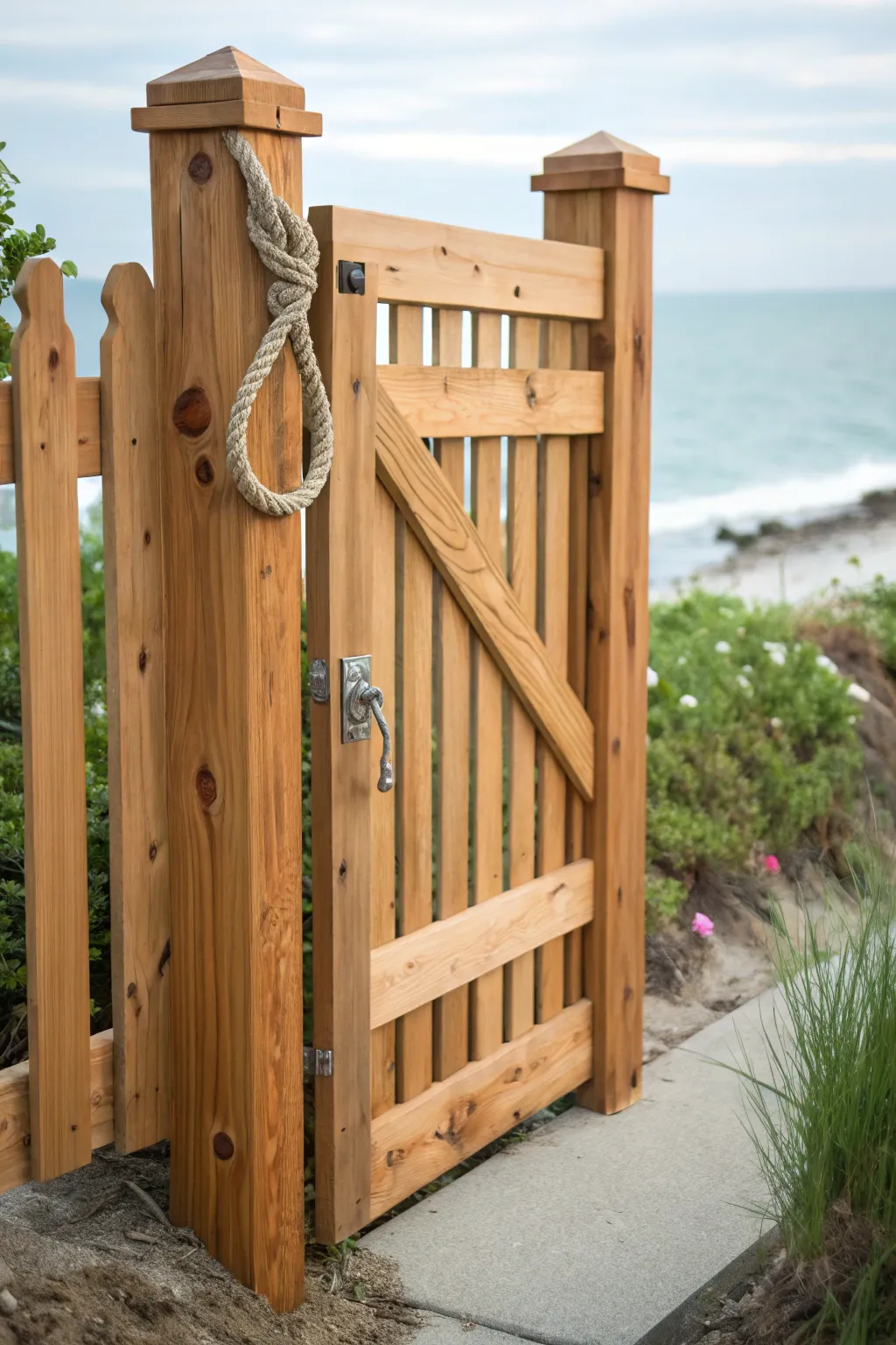 Elevate your coastal home with this stunning cedar gate, featuring a nautical rope handle for a touch of seaside charm.