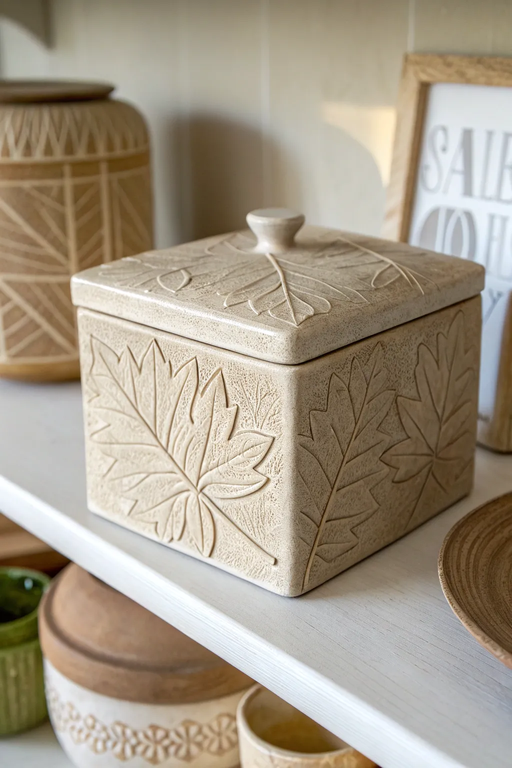 Nature's Imprint: A Ceramic Box with Leaf Texture