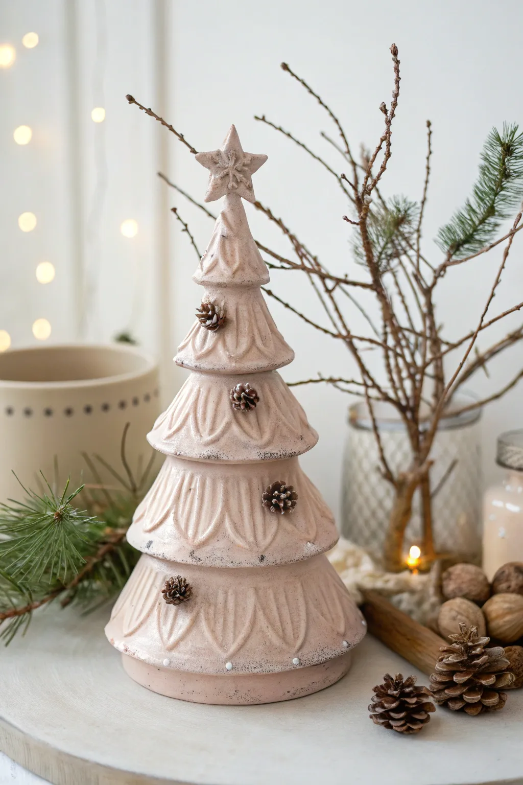 Bring the serenity of the outdoors inside with this nature-inspired ceramic masterpiece, perfect for a minimalist festive touch.