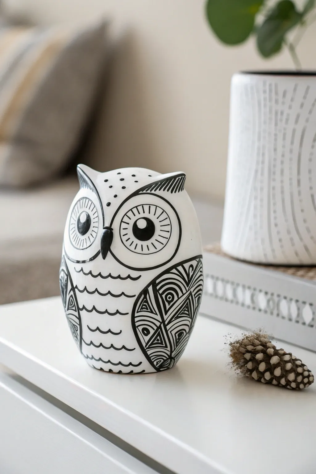 Embrace elegance with a minimalist black and white ceramic owl.