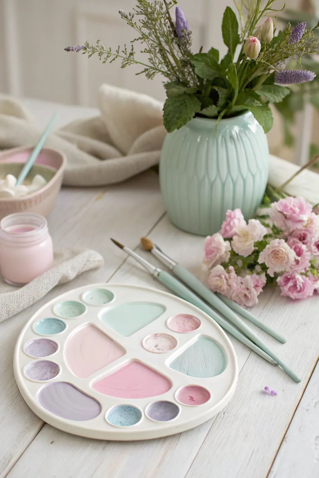 Embrace the art of simplicity and color with a pastel ceramic palette that transforms your painting space into a haven of calm and creativity.