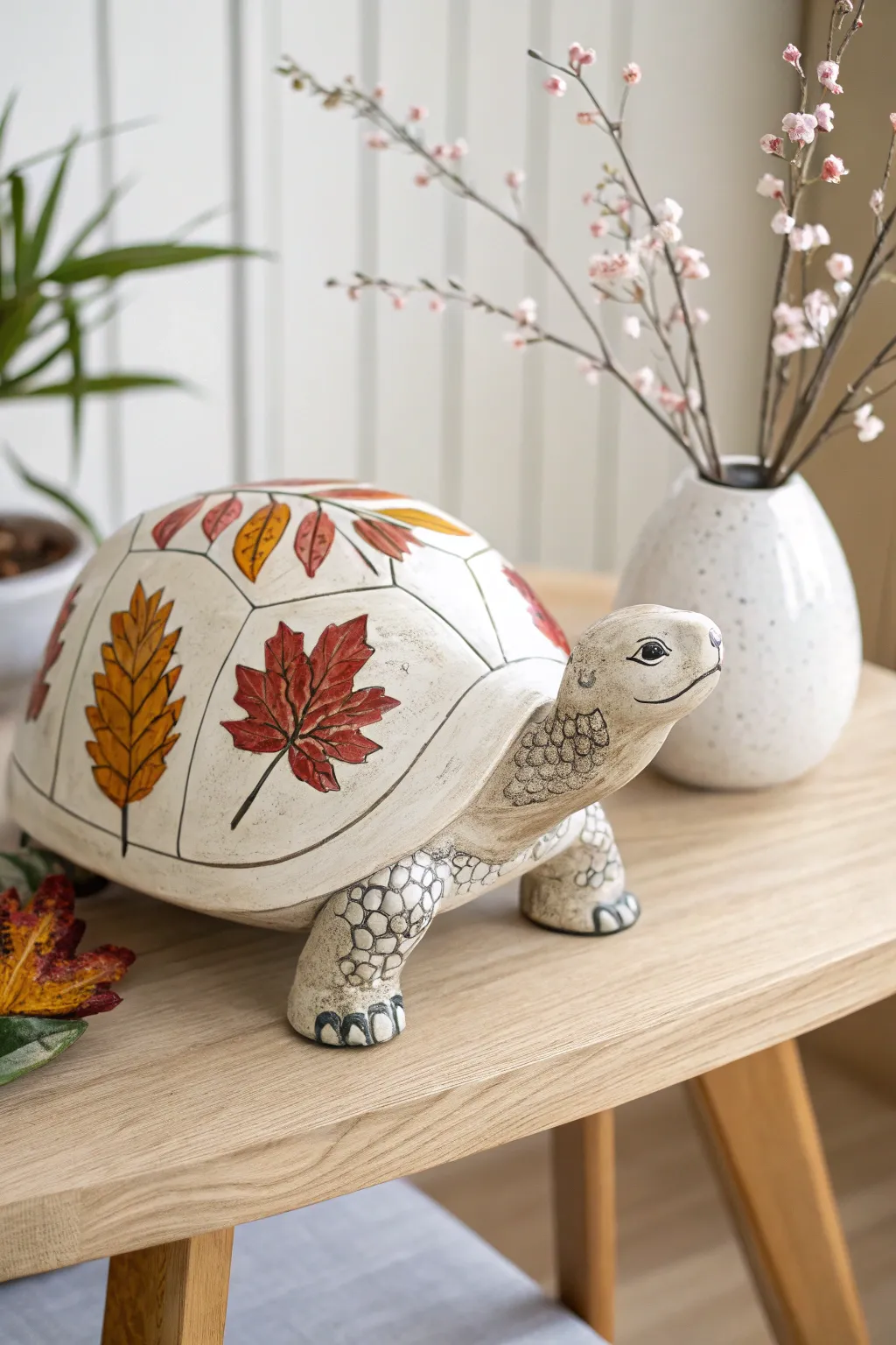 Celebrate the seasons with this charming ceramic turtle, showcasing the beauty of autumn and spring in one elegant piece.