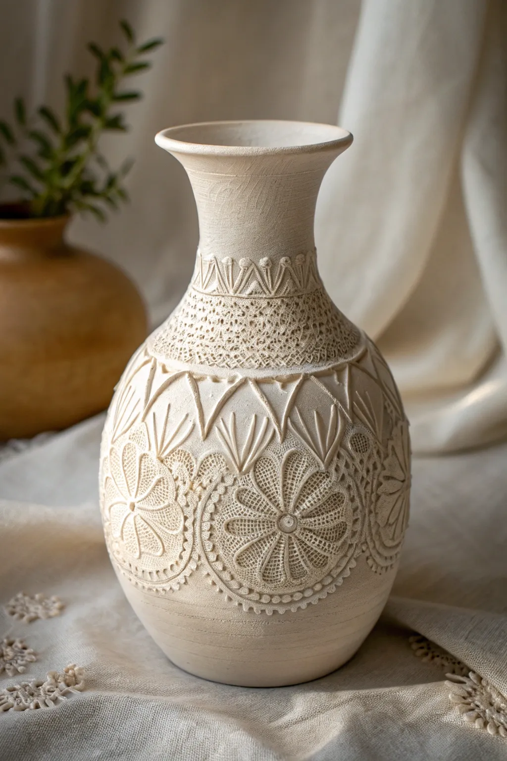 Embrace the art of simplicity with a lace-patterned ceramic vessel, where minimalism meets boho elegance.