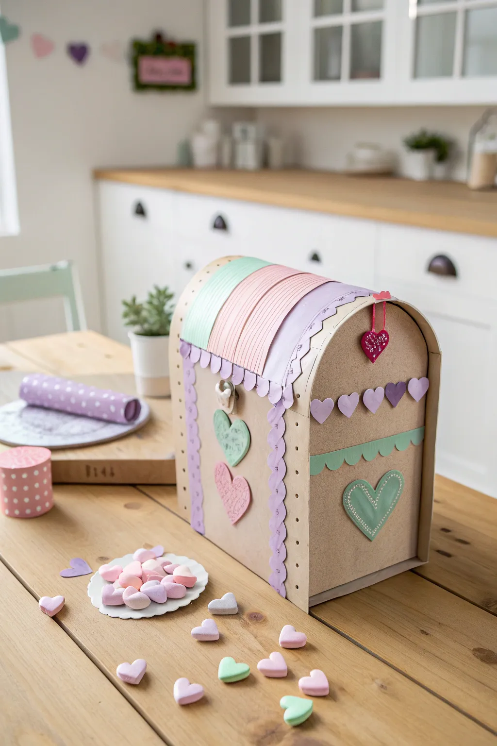 Transform your cereal box into a sweet Valentine mailbox with pastel paper candies for a touch of minimalist charm!