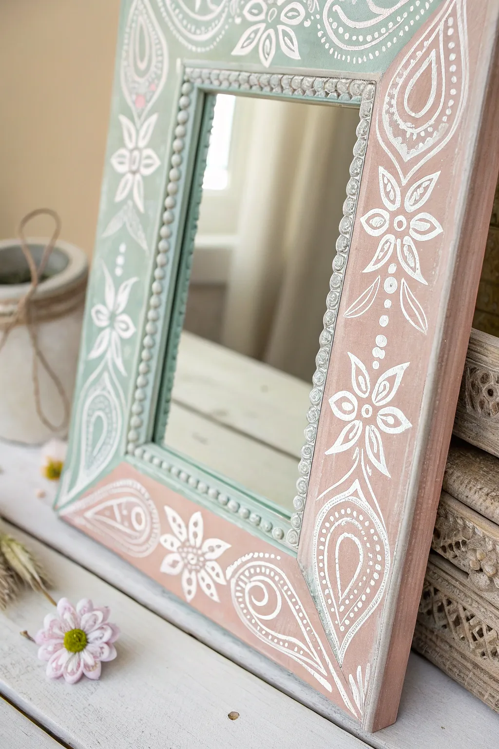 Transform your space with a touch of whimsy and craftsmanship—chalk-painted mirror frames with playful stencil patterns.