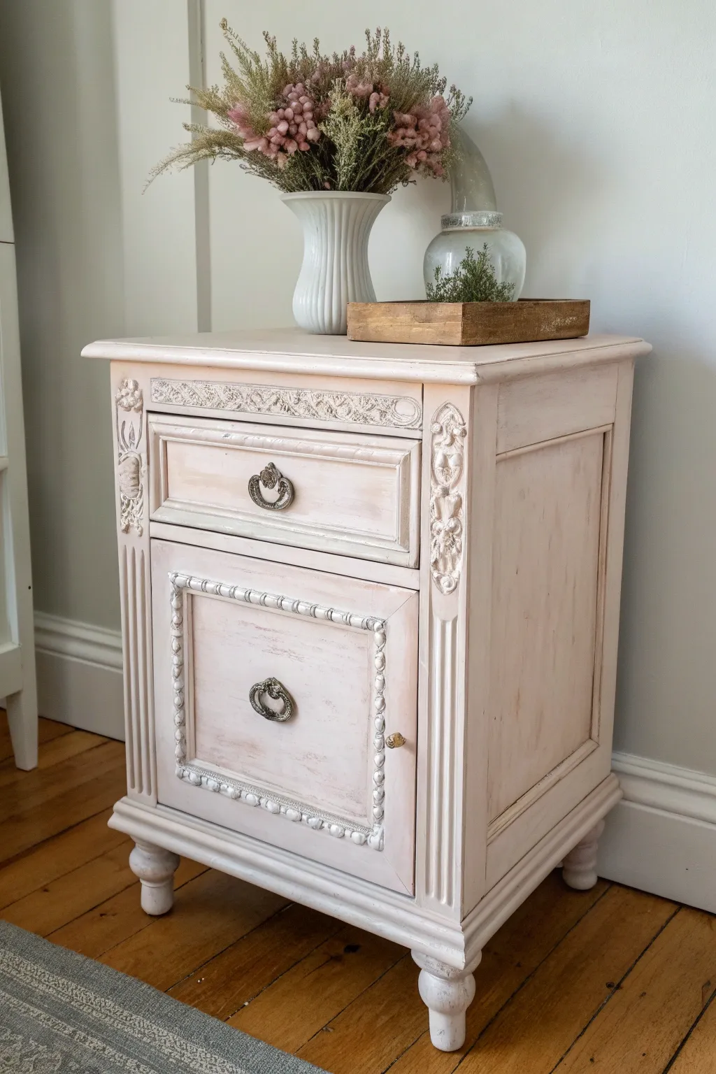 Transform your space with vintage charm: Discover the elegance of chalk paint on your nightstand.