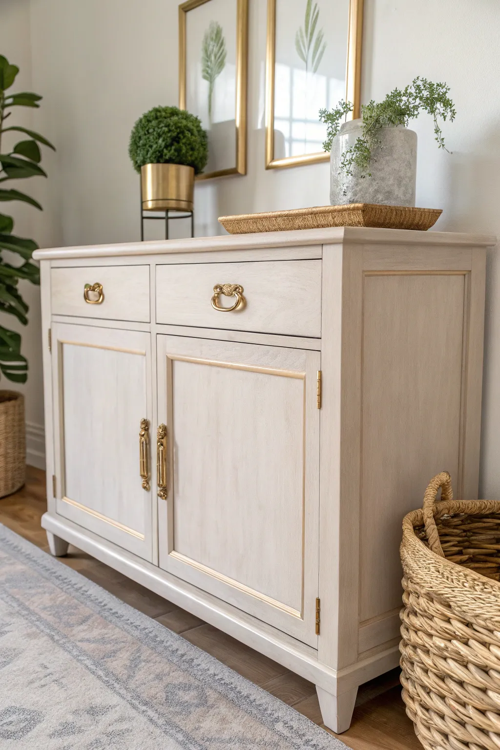 Elevate your space with a touch of glamour: Discover the allure of metallic accents on a chalk-painted buffet.