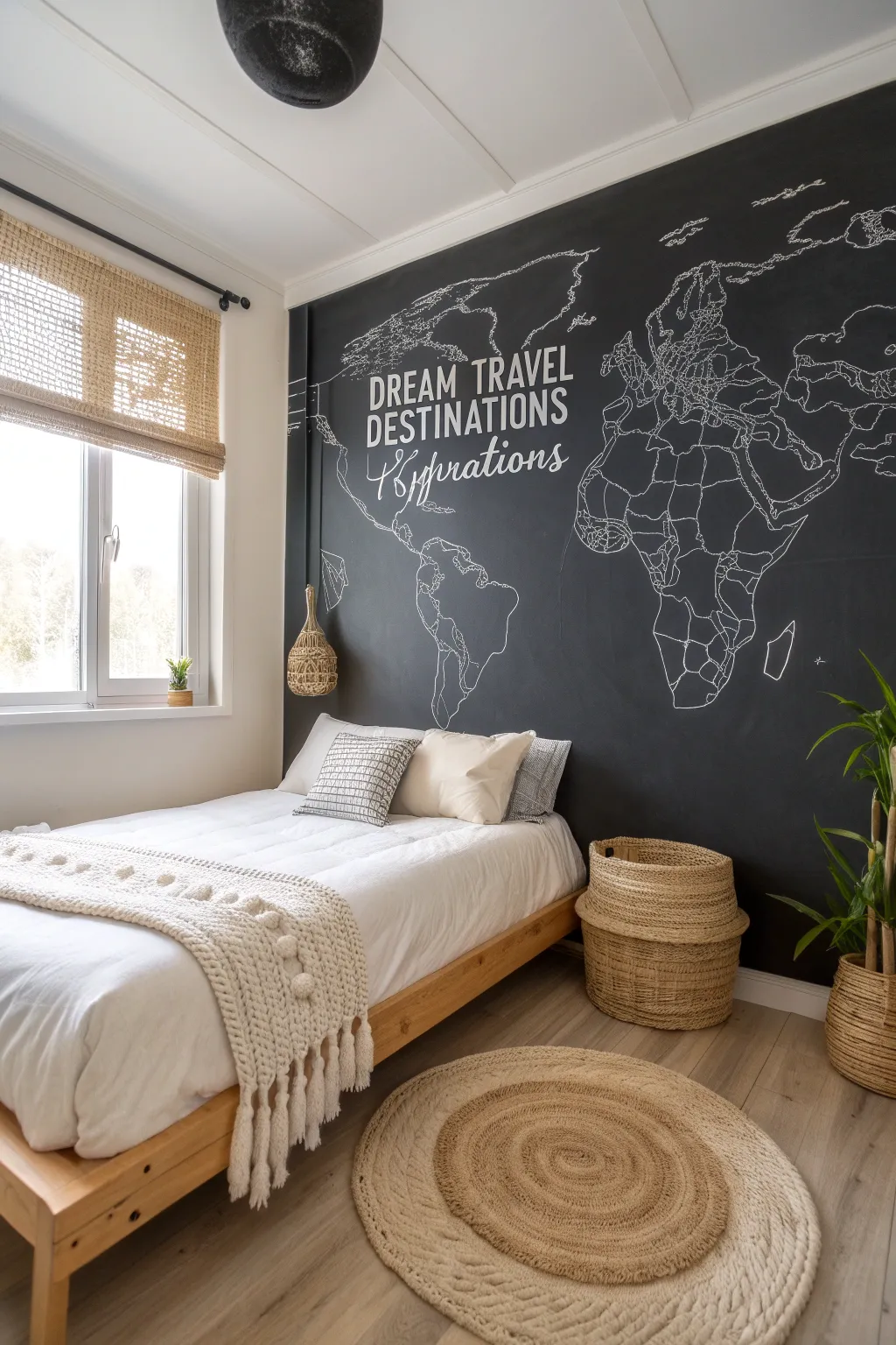 Map Your Dreams: Transform your bedroom into a vision board with a chic chalkboard wall, where dreams and destinations come alive.