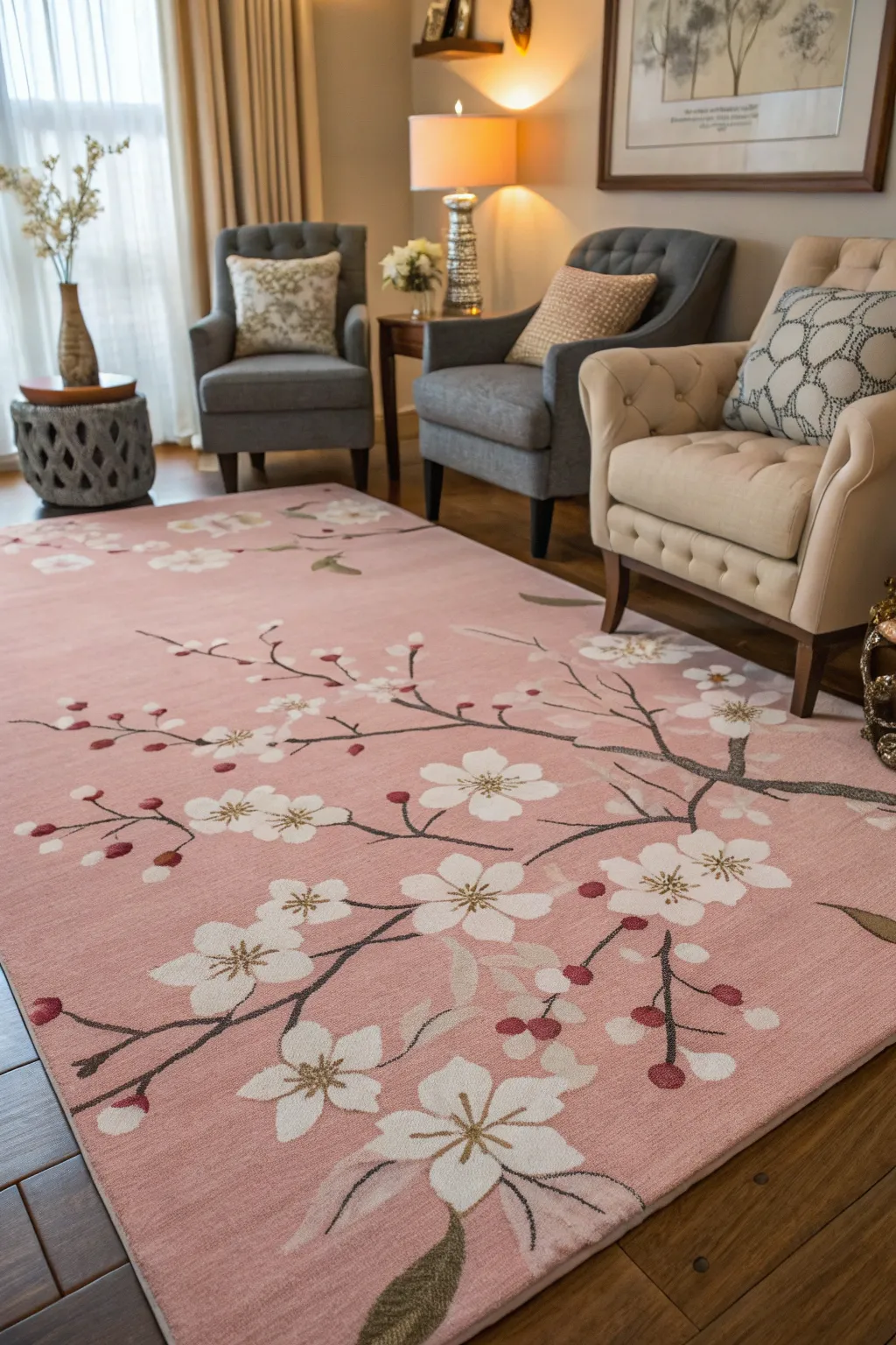 A cherry blossom rug anchors this stylish living room with its delicate design.