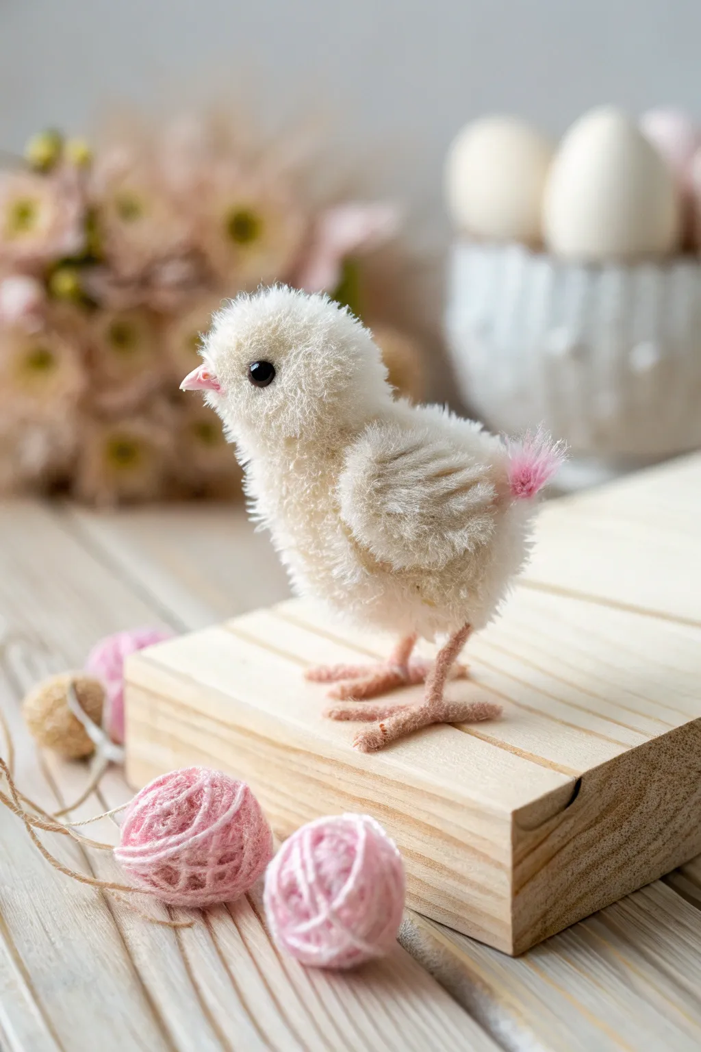 Delight in the whimsical charm of a handmade pipe cleaner chick, embodying simplicity and elegance.