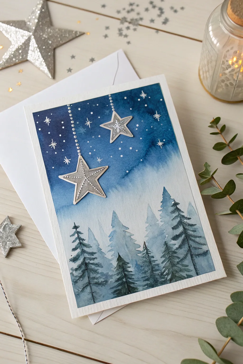 Capture the magic of a starry night with this elegant Christmas card design.