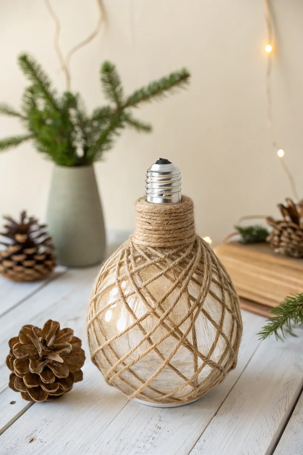 Transform the ordinary into rustic charm with twine-wrapped lightbulbs, adding a cozy touch to your holiday decor.
