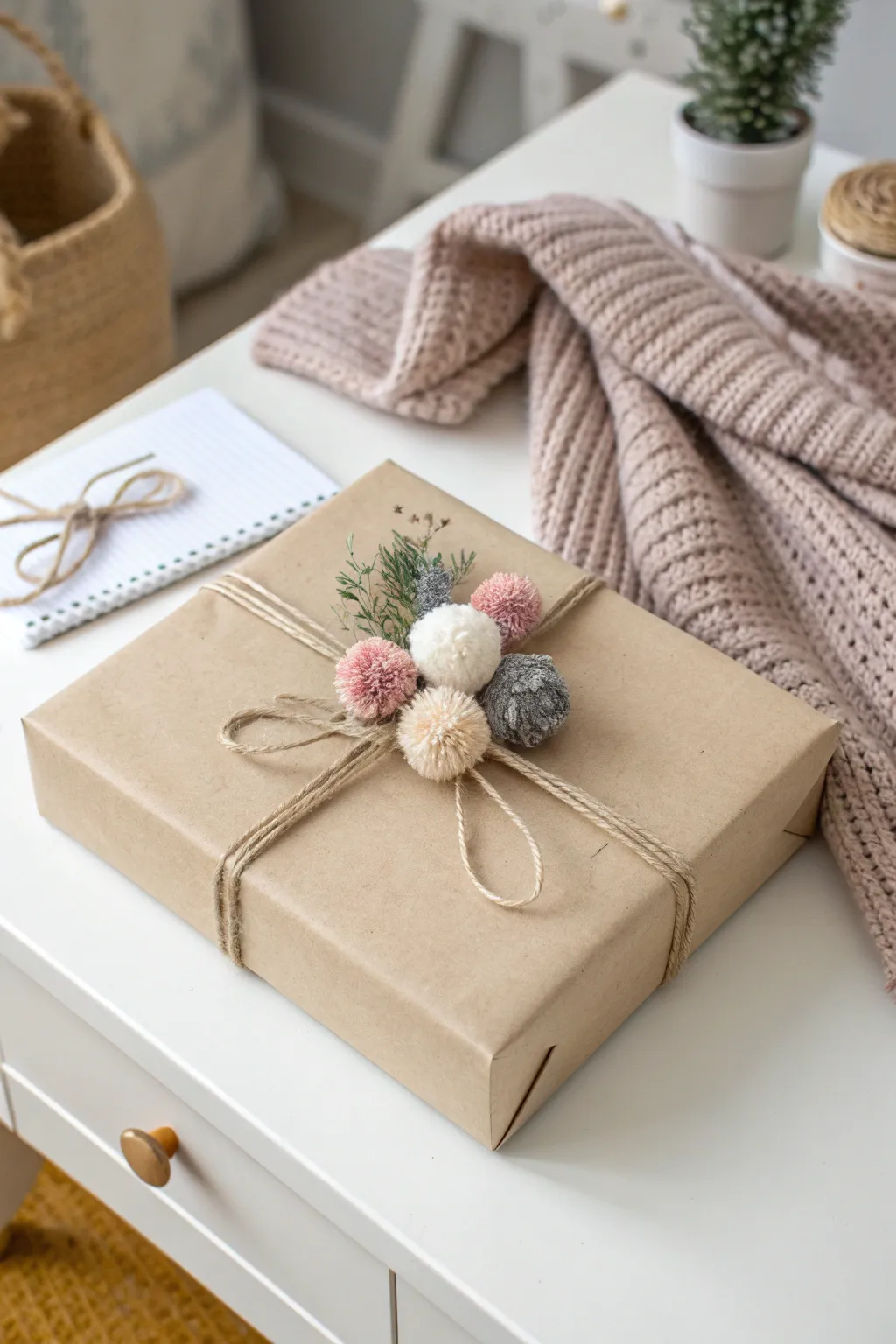Elevate your gift wrapping game with charming pom poms for a thoughtful, festive touch. 🎁✨