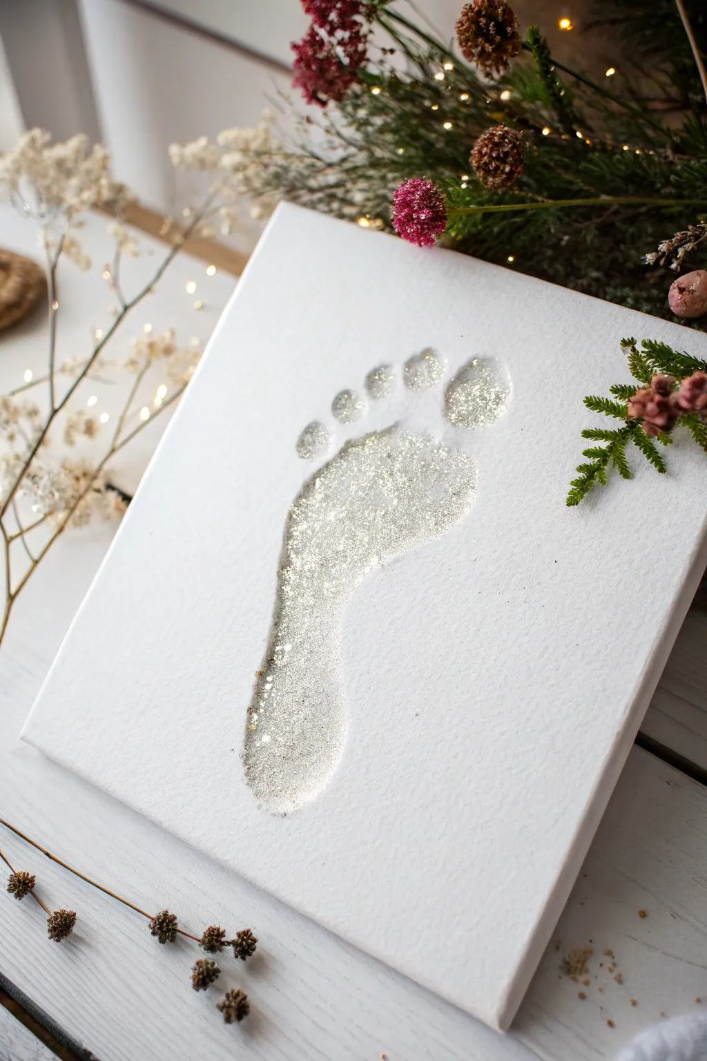 Step into a Winter Wonderland: Capture the magic of frosty footprints with a touch of glittery charm.