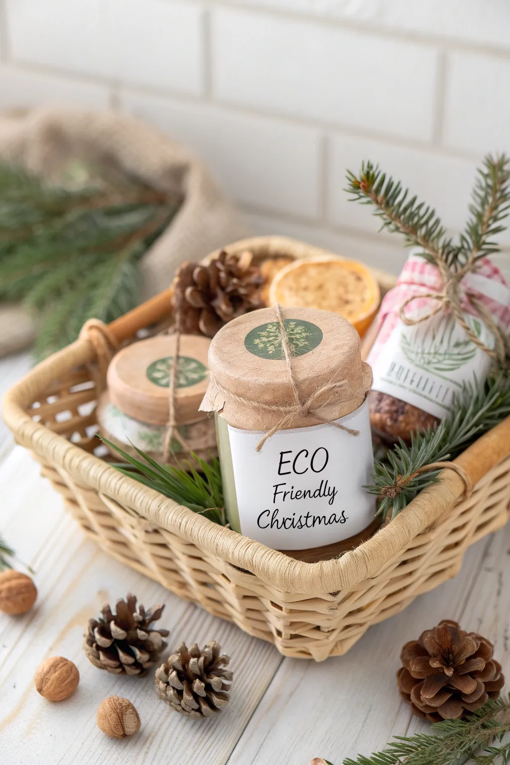 Gift sustainably this Christmas with a chic eco-friendly basket filled with organic delights. #EcoChic #SustainableGifting