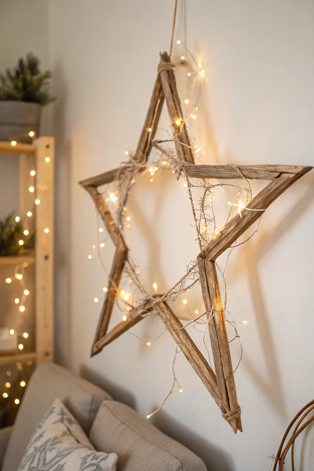 Illuminate your doorway with this enchanting star wreath, blending minimalist elegance with a warm festive glow.