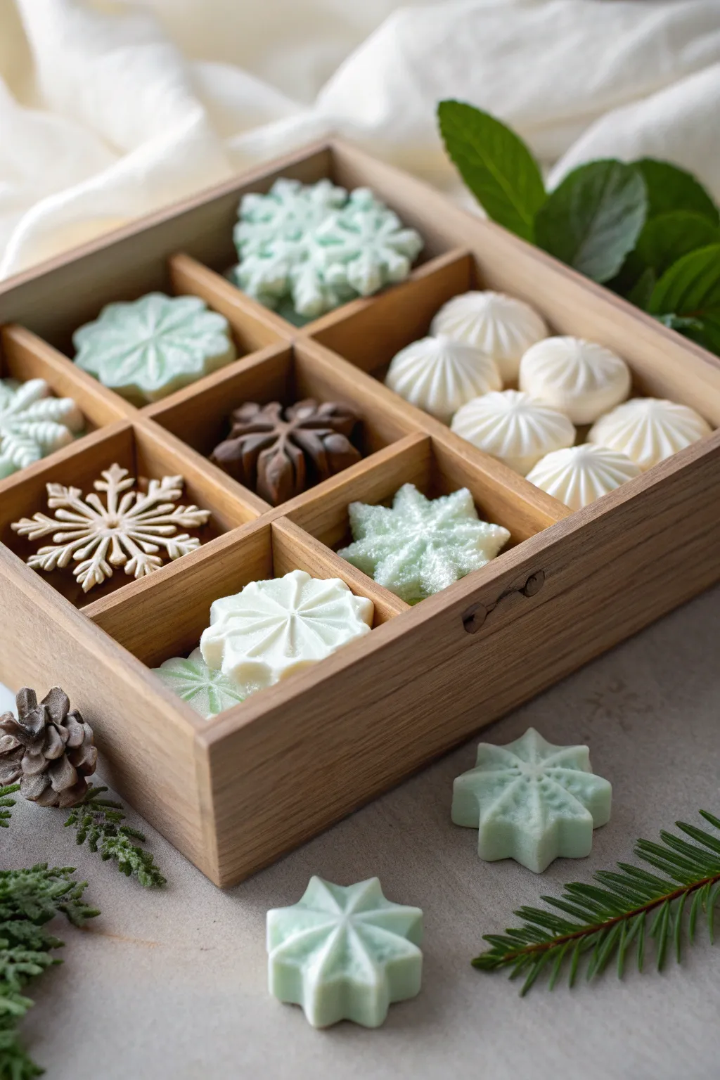 Indulge in a winter wonderland with these elegant snowflake chocolates and minty meringues.