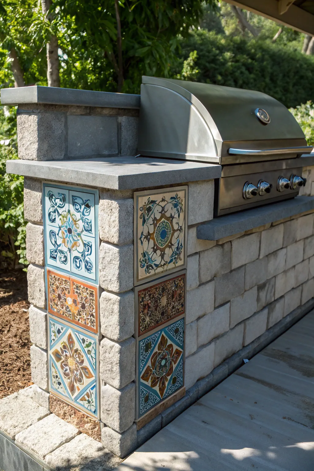 Transform your grill into a masterpiece with artistic tile accents for a striking backyard centerpiece.