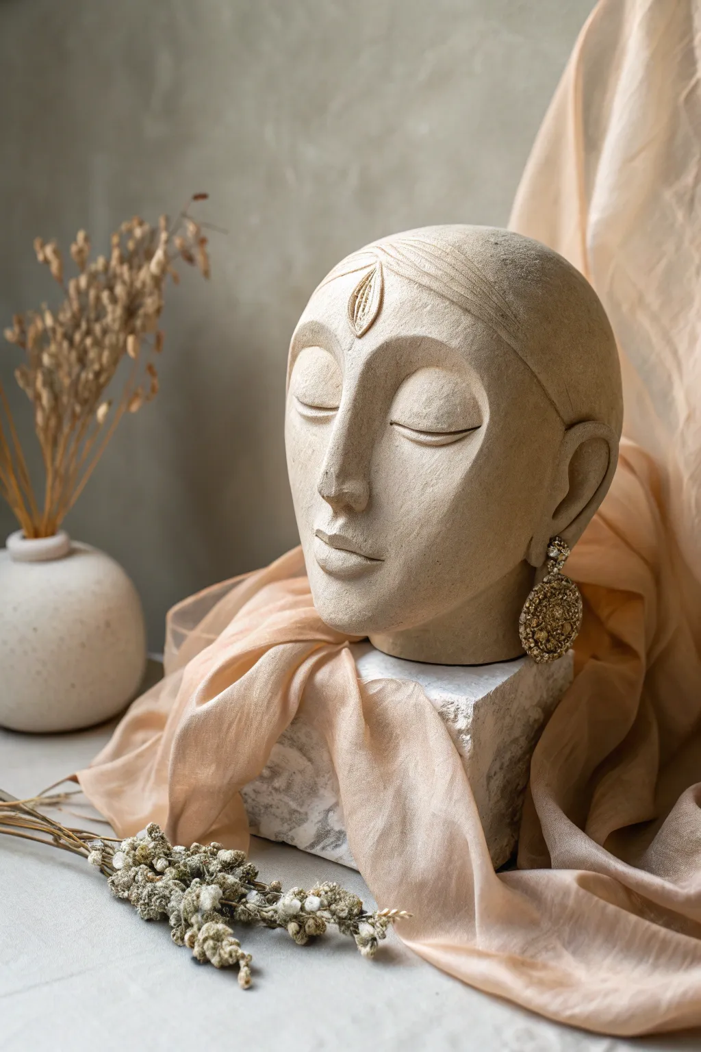Discover the art of mixed media: where clay meets metal and fabric for a stunning embodiment of simplicity and elegance.