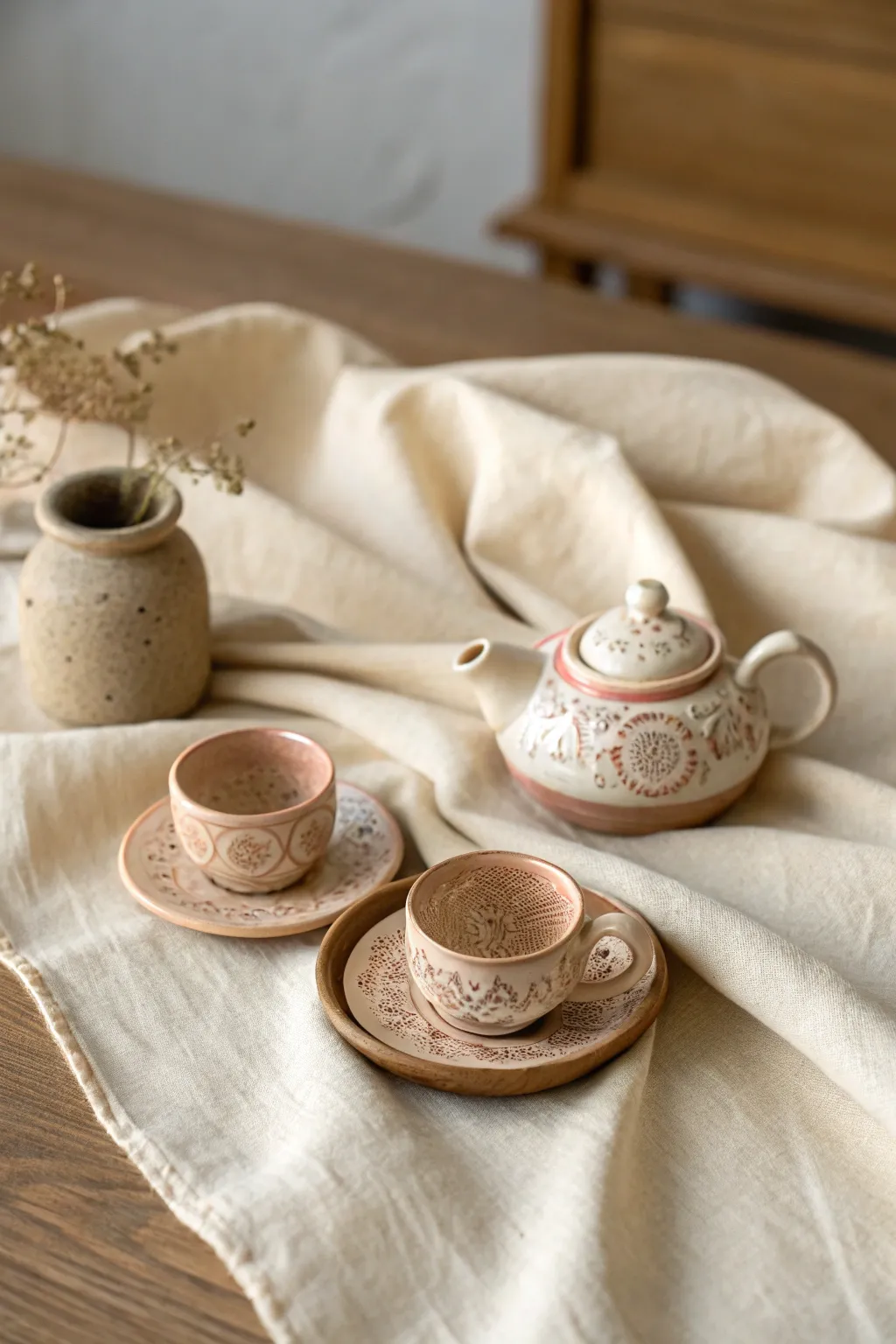 Delight in the charm of a tiny clay tea set, where craftsmanship meets simplicity.