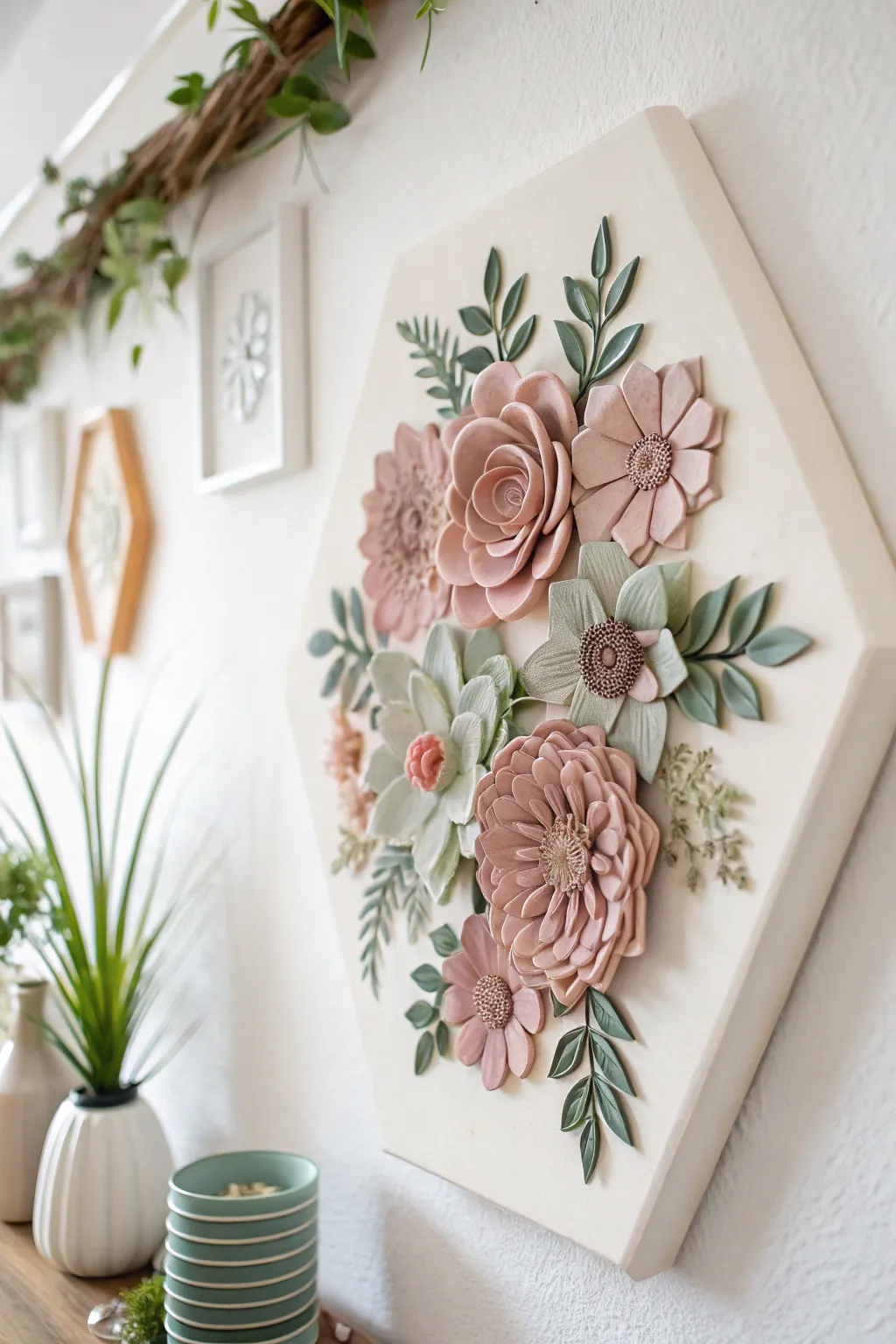 Elevate your space with the captivating simplicity of geometric floral clay art.