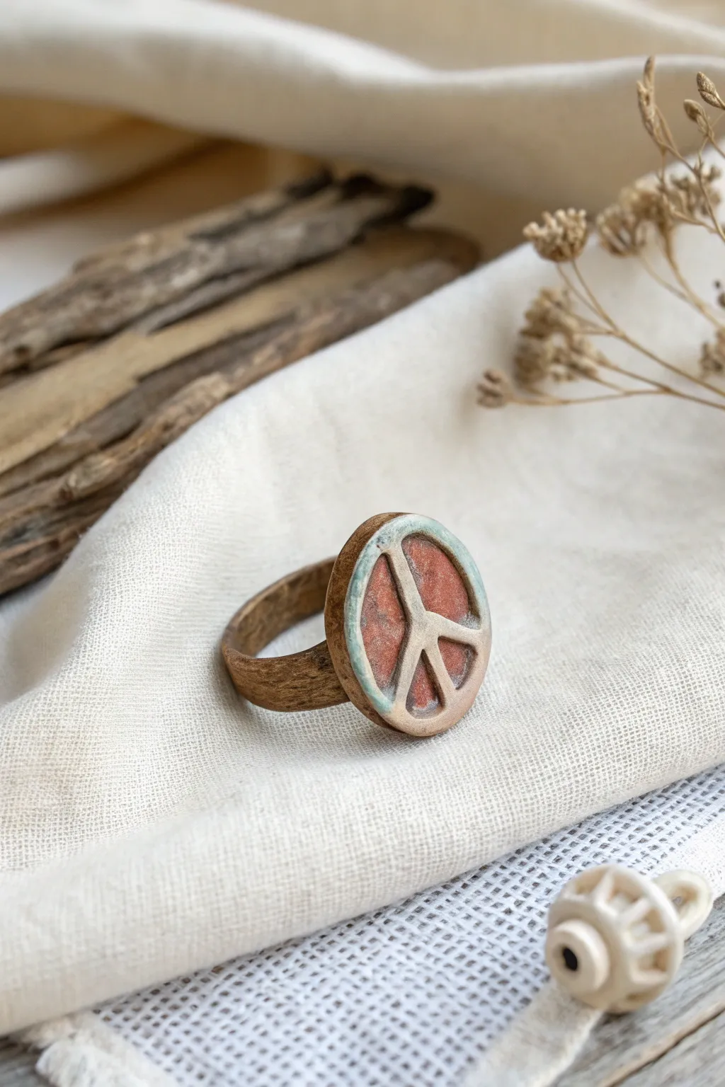 Embrace tranquility with a handcrafted clay peace sign ring, where simplicity meets natural beauty.