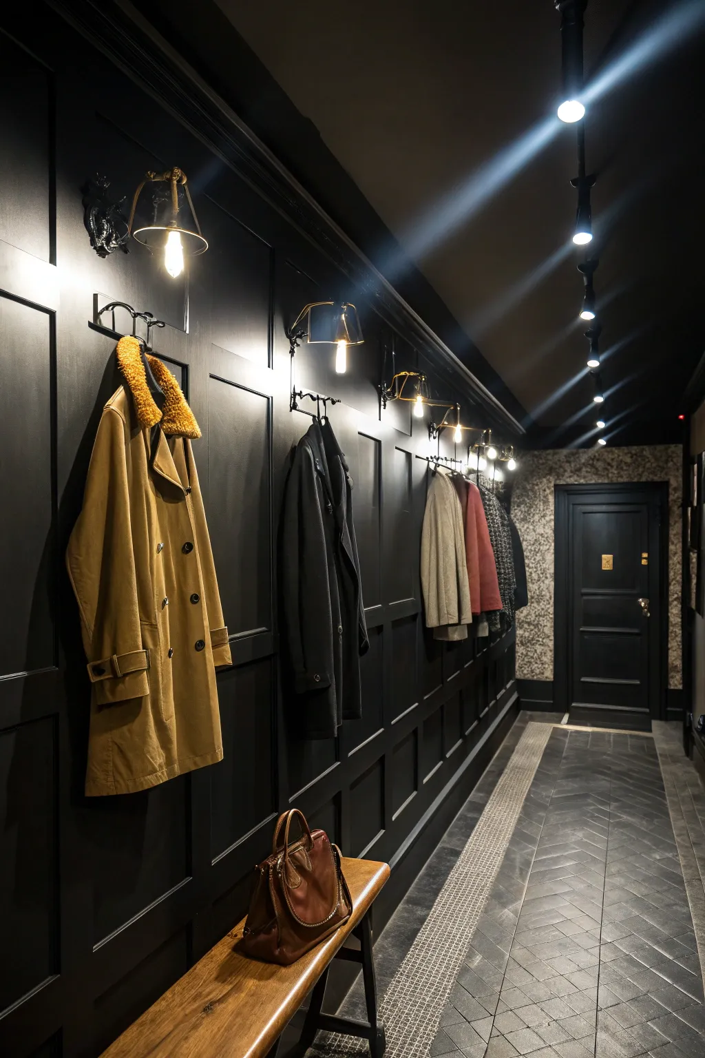 A dark color scheme can add drama and sophistication to your cloakroom.