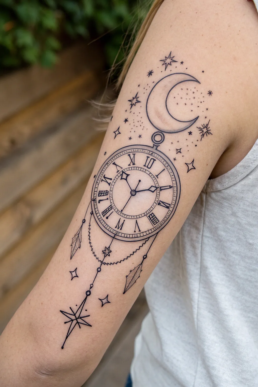 Capture the universe in time with this enchanting celestial clock tattoo design.