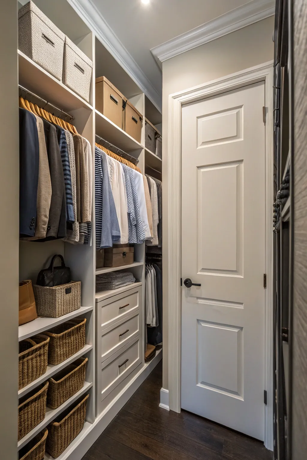 Closet maximizing vertical space with ceiling-high storage.