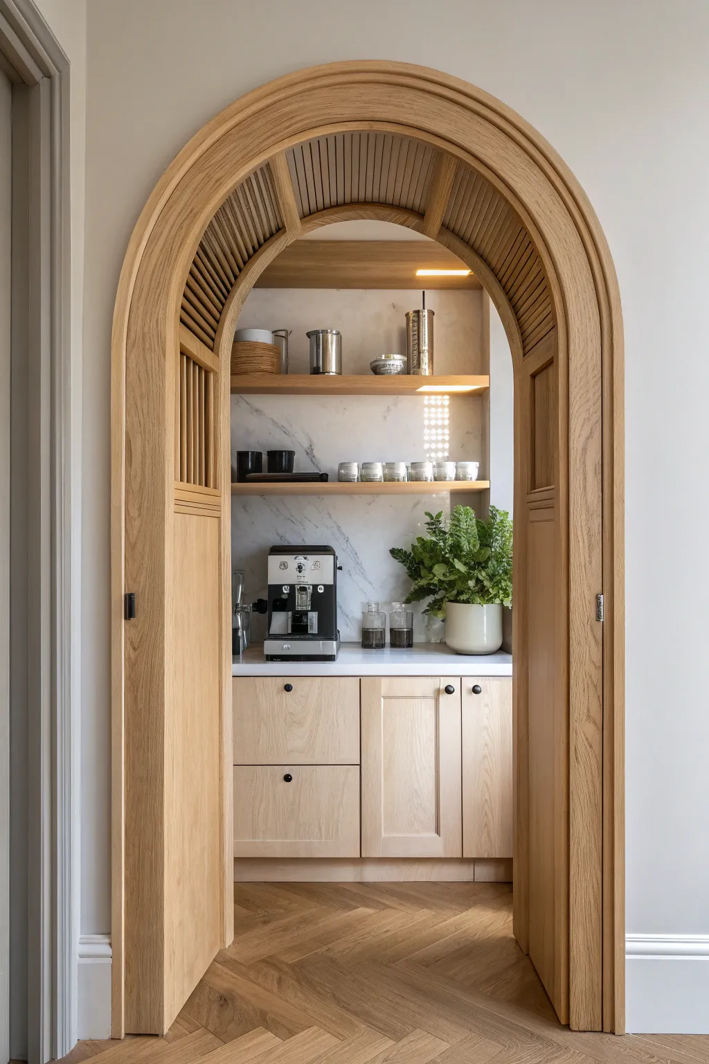 Discover the hidden charm of a closet coffee bar with an elegant arched entrance.