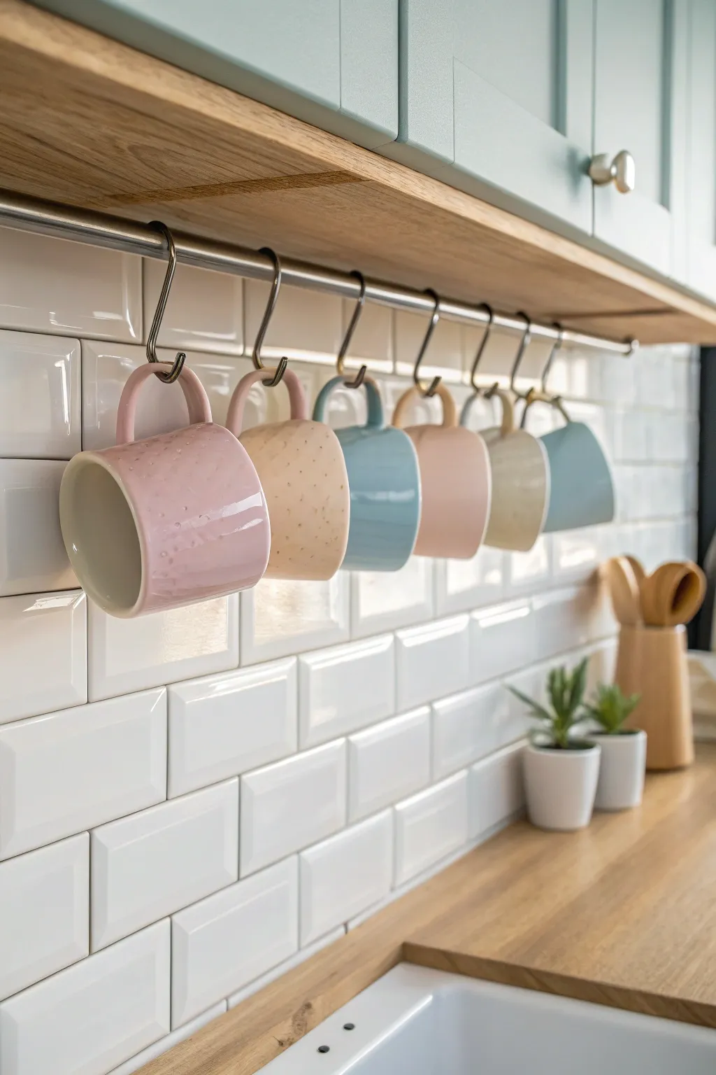 Elevate your kitchen space with under-shelf mug hooks – a chic solution for stylish storage.