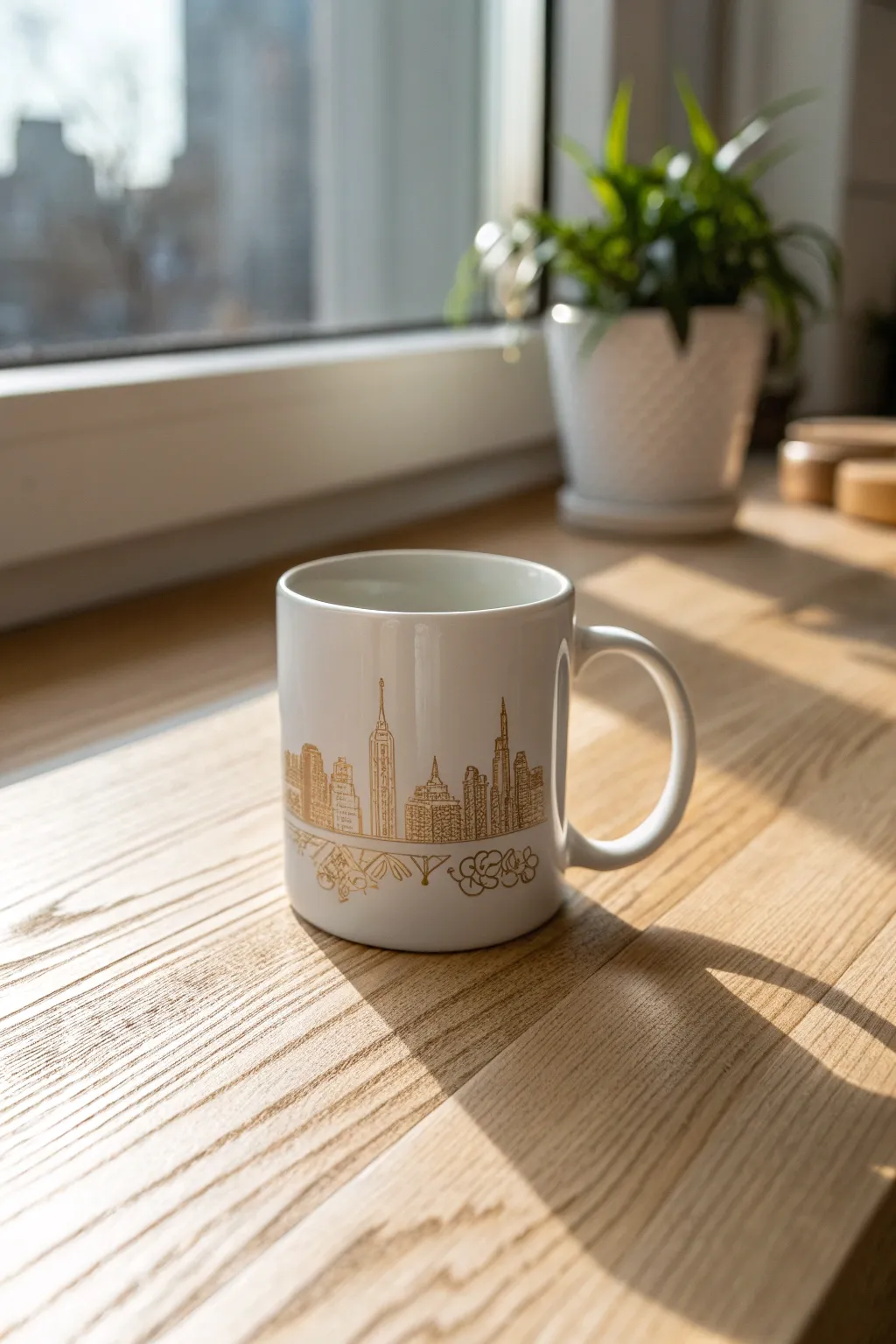Sip in style with a skyline that brings the world to your morning coffee.