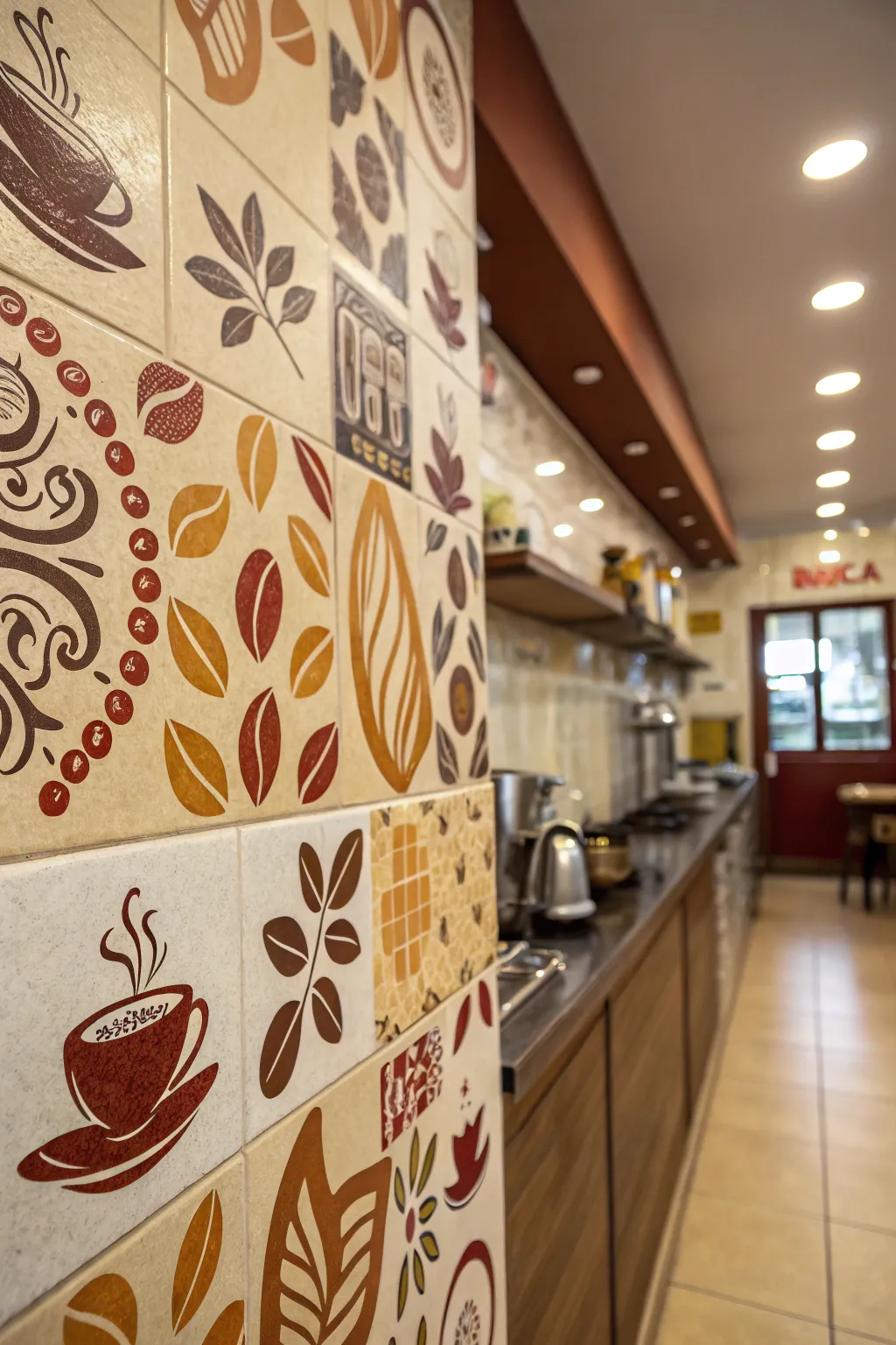 A kitchen wall decorated with coffee-themed stencils and patterns.