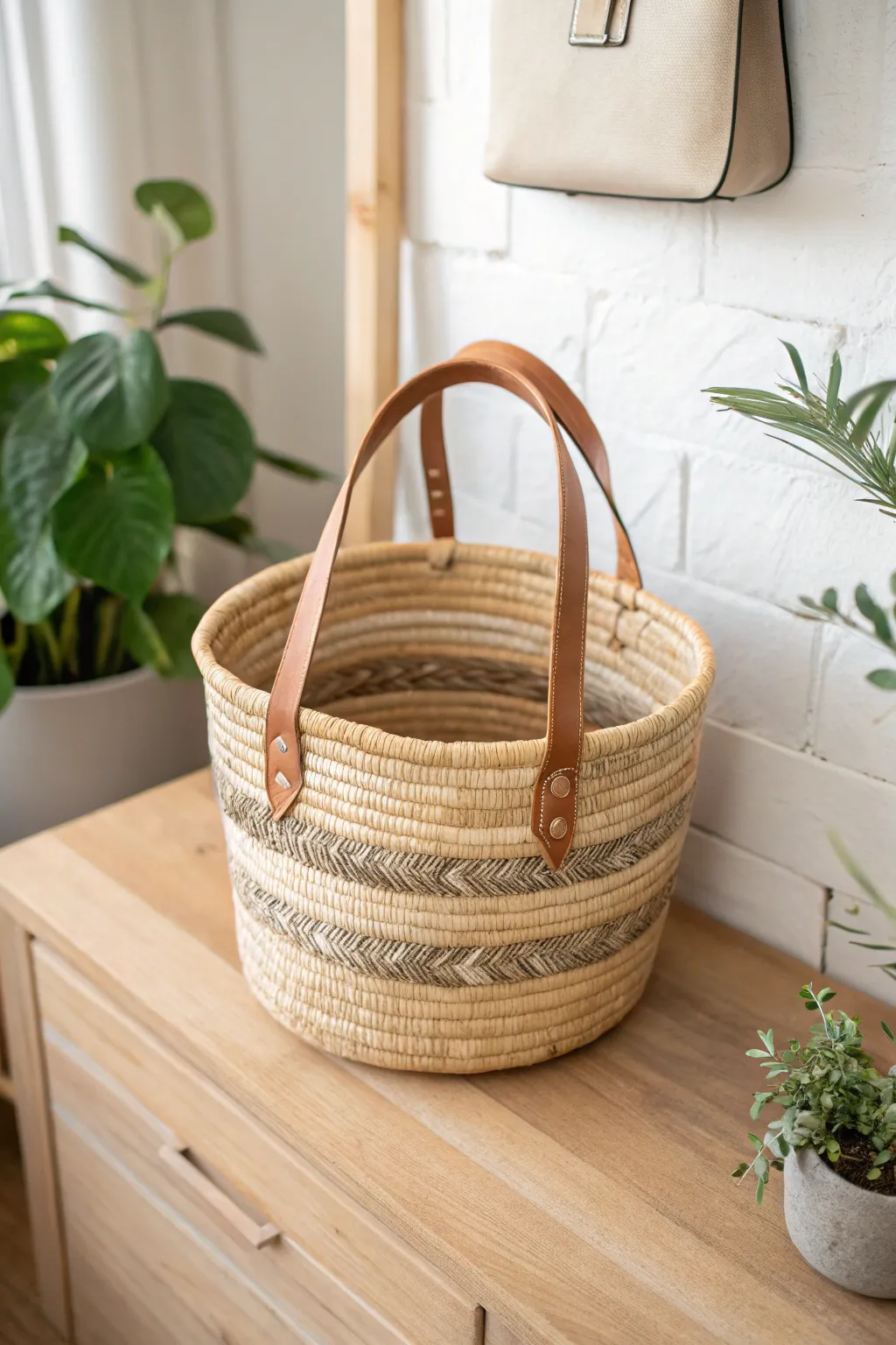 Elevate your space with this handcrafted coil basket, blending practicality and style with its chic leather handles.