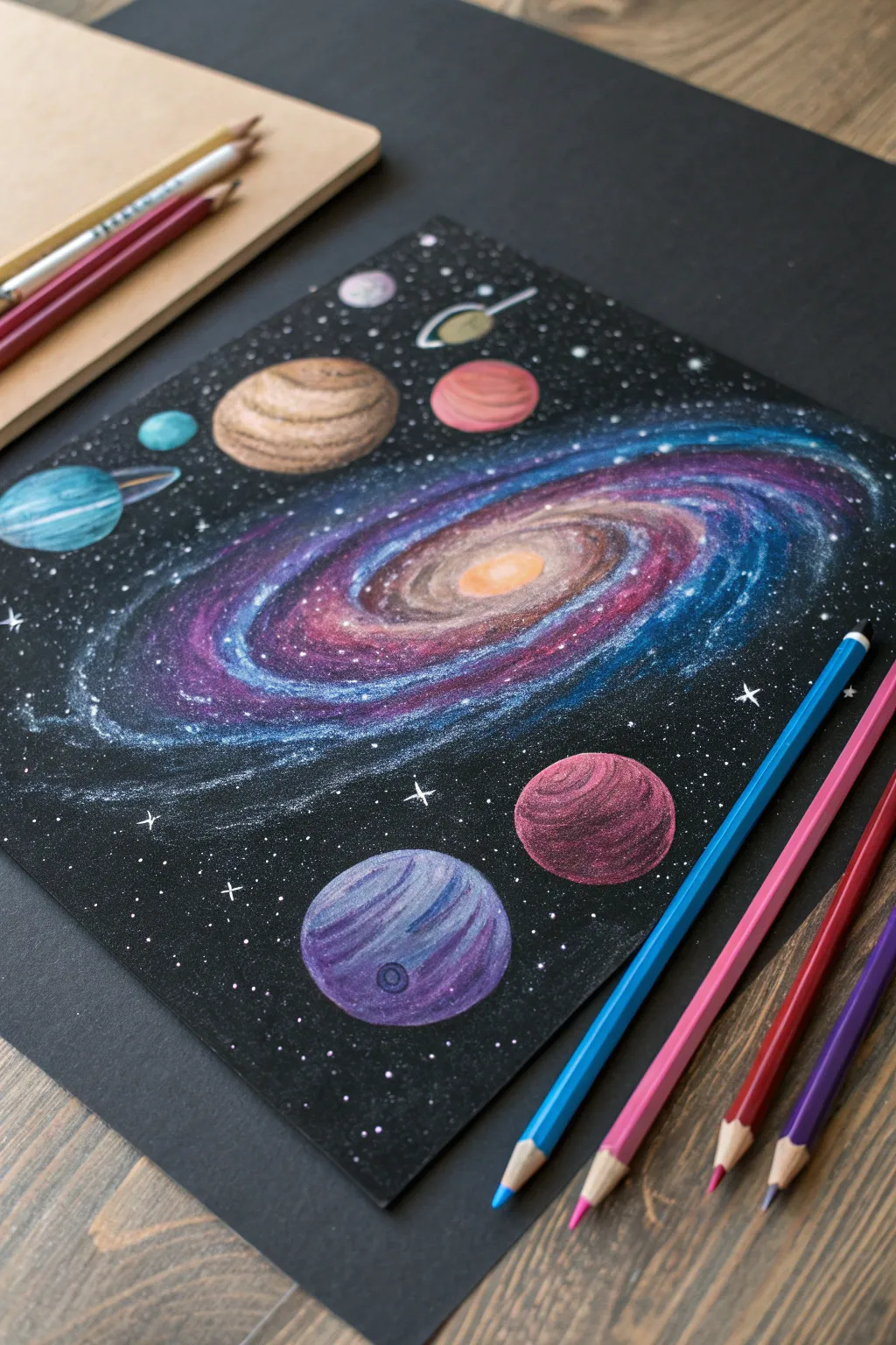 Explore the universe with celestial artistry: a cosmic dance of colors on black canvas.