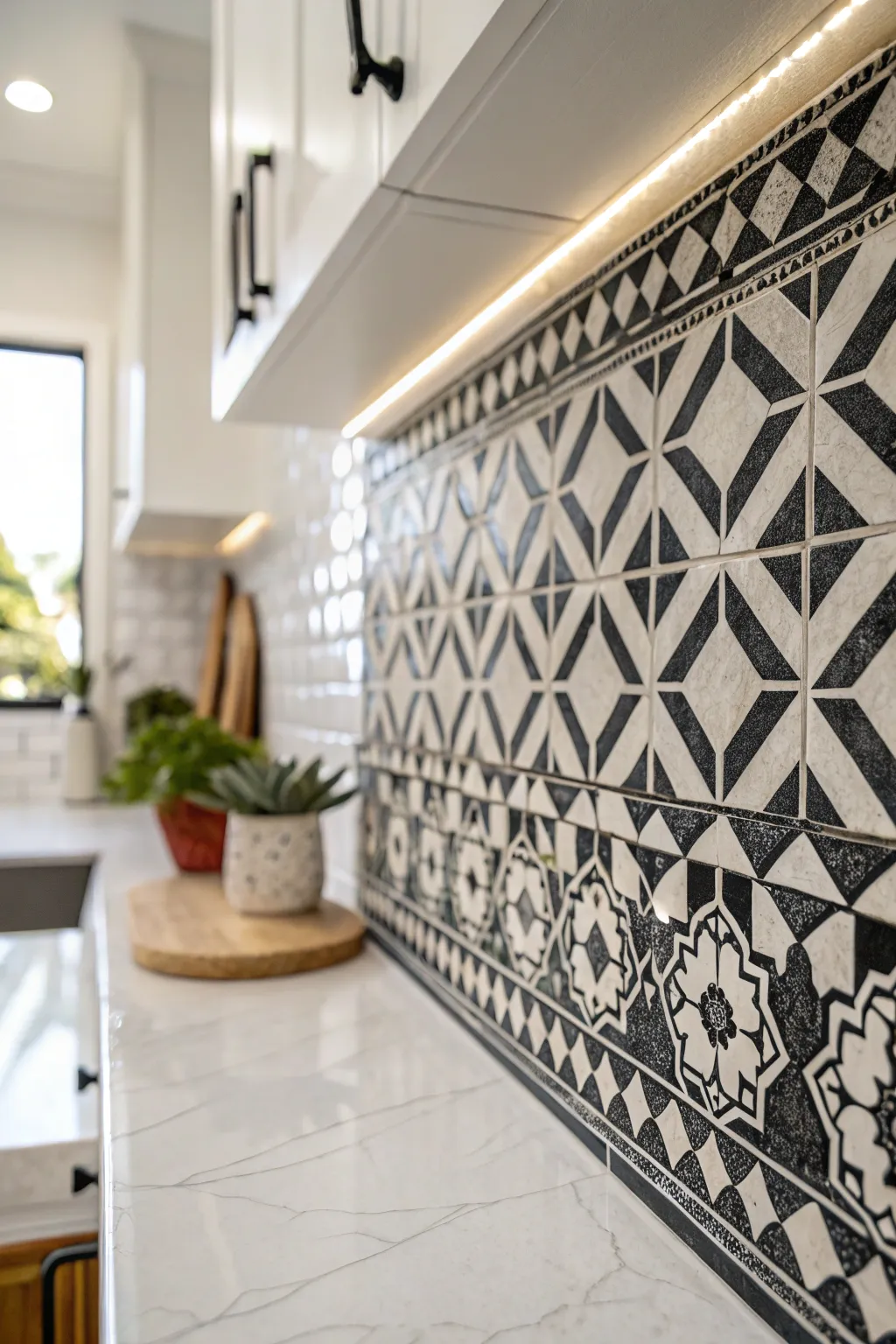 Elevate your kitchen with a bold black and white mosaic backsplash that marries classic elegance with contemporary flair.