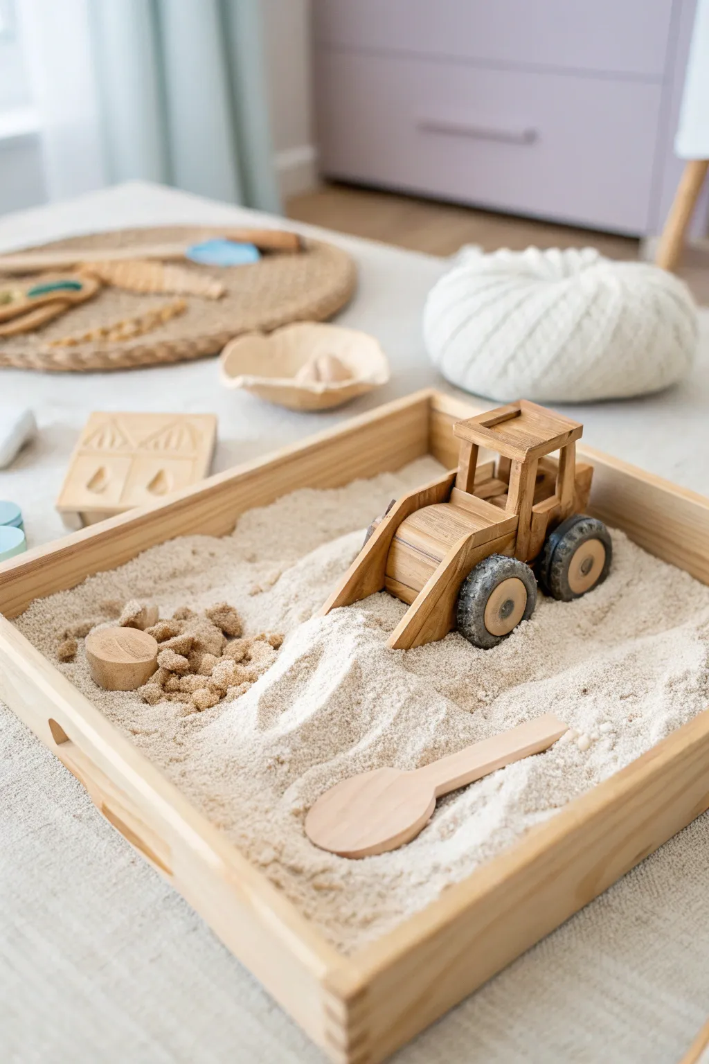 Unleash creativity with a Scandinavian-inspired construction sensory bin for little builders. 🌾🚜 #MinimalistPlay