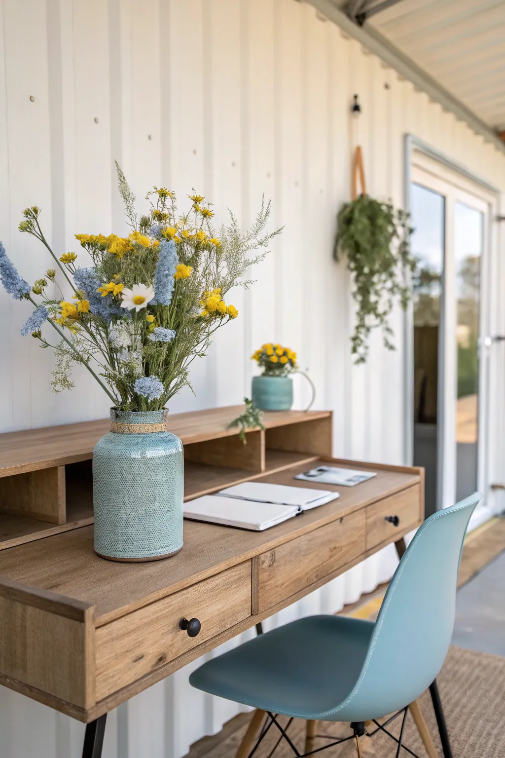 Find inspiration in a workspace that marries calm blues and vibrant yellows, perfect for cultivating creativity and tranquility.