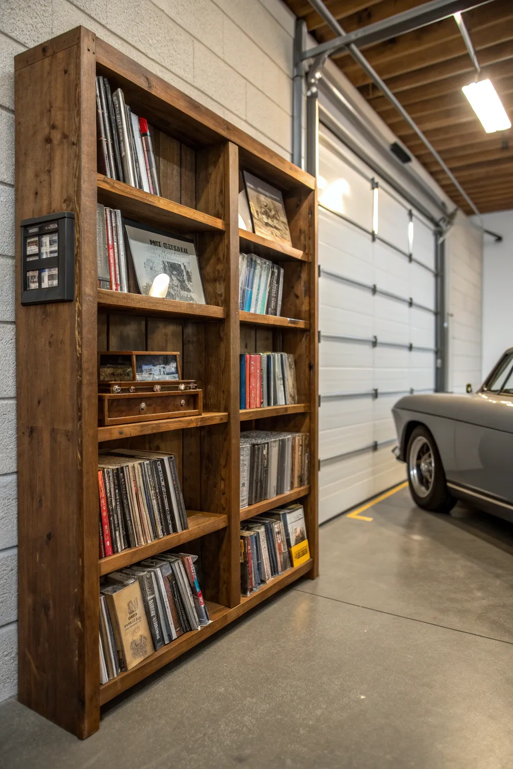 Elevate your garage with a touch of sophistication: a handcrafted library for the modern DIY enthusiast.