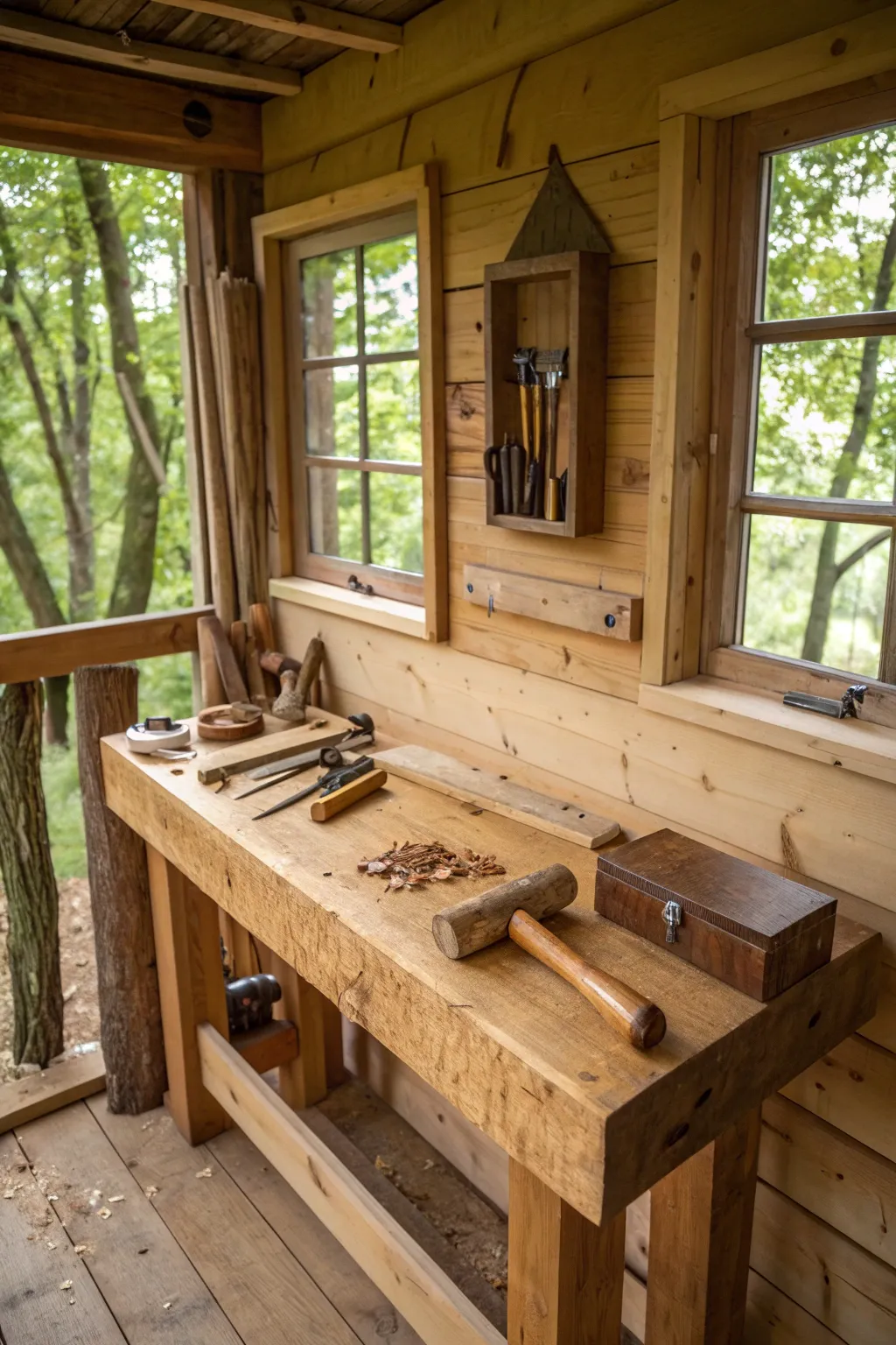 Find your inspiration in nature's embrace with this artisanal treehouse craft corner.